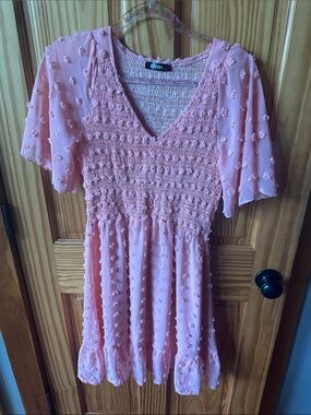 Pink Smocked V-Neck Mini Dress with Textured Flutter Sleeves
